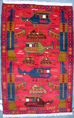 Red Rug with Blue and Burgundy Helicopters