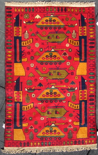 Red rug with colored bullet trim, grenade, flower, and air bomber pattern Afghan Rug