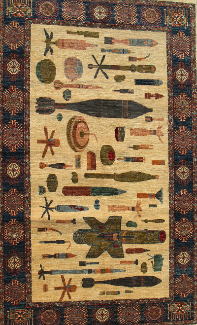Light field, Smaller size, UXO or Unexploded Ordnance Rug. First edition.  Afghan Rug