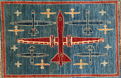 Red, White, and Blue Drones on a Blue Sky - Afghan War Rug