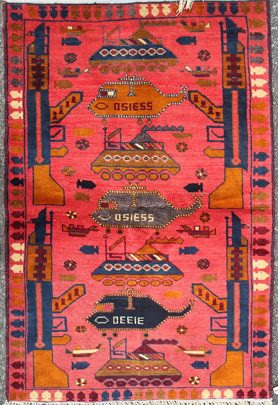 Red Rug with Helicopters Outlined with White Dots Afghan Rug